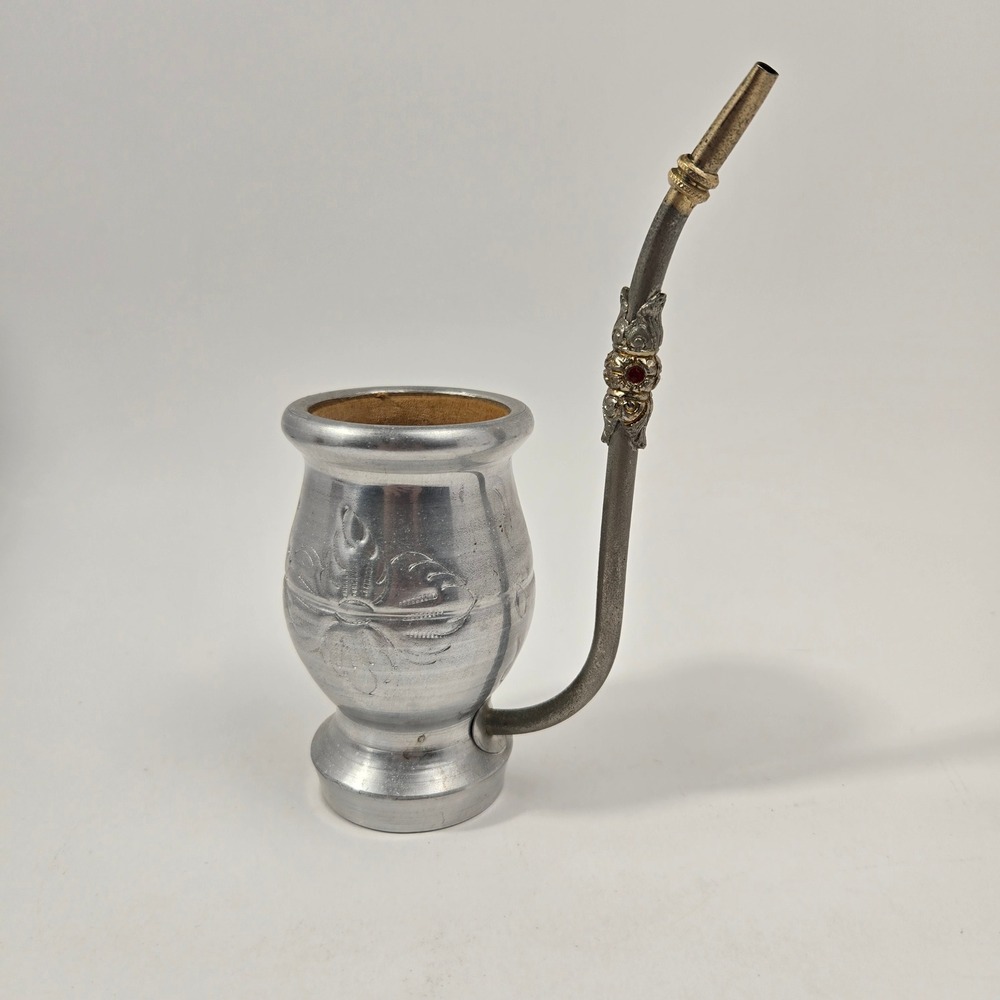 Vintage Yerba Mate Gourd Wood Lined Aluminum Cup with Bombilla Red Stone Accent